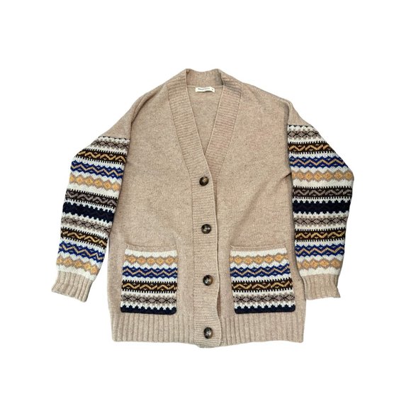 Woolovers Women's Beige Aztec Stripe Oversize Cardigan 100% Lambswool Sz S - Picture 1 of 6
